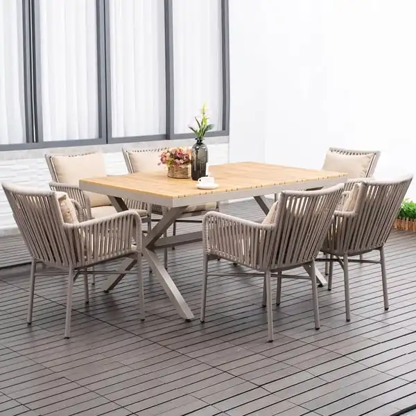 Juego de comedor Zeen de 7 piezas para patio y exterior, mesa de caballete con tapa de madera con 6 sillones de cuerda tejida, juego de comedor de ratán para jardín al aire libre