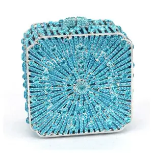 Blue Super Mini Size Women Crystal Square Box Clutch Evening Bags Wedding Rhinestone Handbag Purse