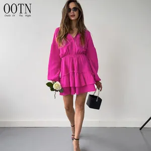 OOTN-Vestido corto de algodón con volantes y manga abombada para oficina, minivestido elegante para mujer, color rosa y rojo con volantes