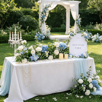 Chemin de table floral artificiel de 1 m, fait main, réaliste, avec roses et hortensias blancs et bleus, pour centre de table de mariage