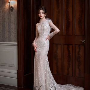 Nuevos Vestidos de Novia de Cuello Alto, Hermosos Vestidos de Novia Modernos Estilo Sirena con Flores Hechas a Mano, Vestido de Novia <span class=keywords><strong>Civil</strong></span> Modesto Color Marfil con Perlas para Recepción - Product Image 1
