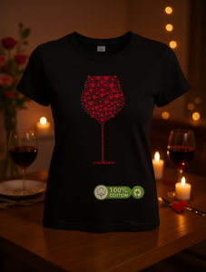 T-shirt da donna per San Valentino con stampa di bicchiere di vino e cuore rosso, a maniche corte, casual, 100% cotone, girocollo, vestibilità comoda - Product Image 2