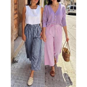 FOXA Womens Gingham Palazzo Capri Pants <b>Wide</b> <b>Leg</b> Cotton Pajama <b>Trousers</b> With Pockets Breathable <b>Crop</b> PJ Bottoms - Product Image 6
