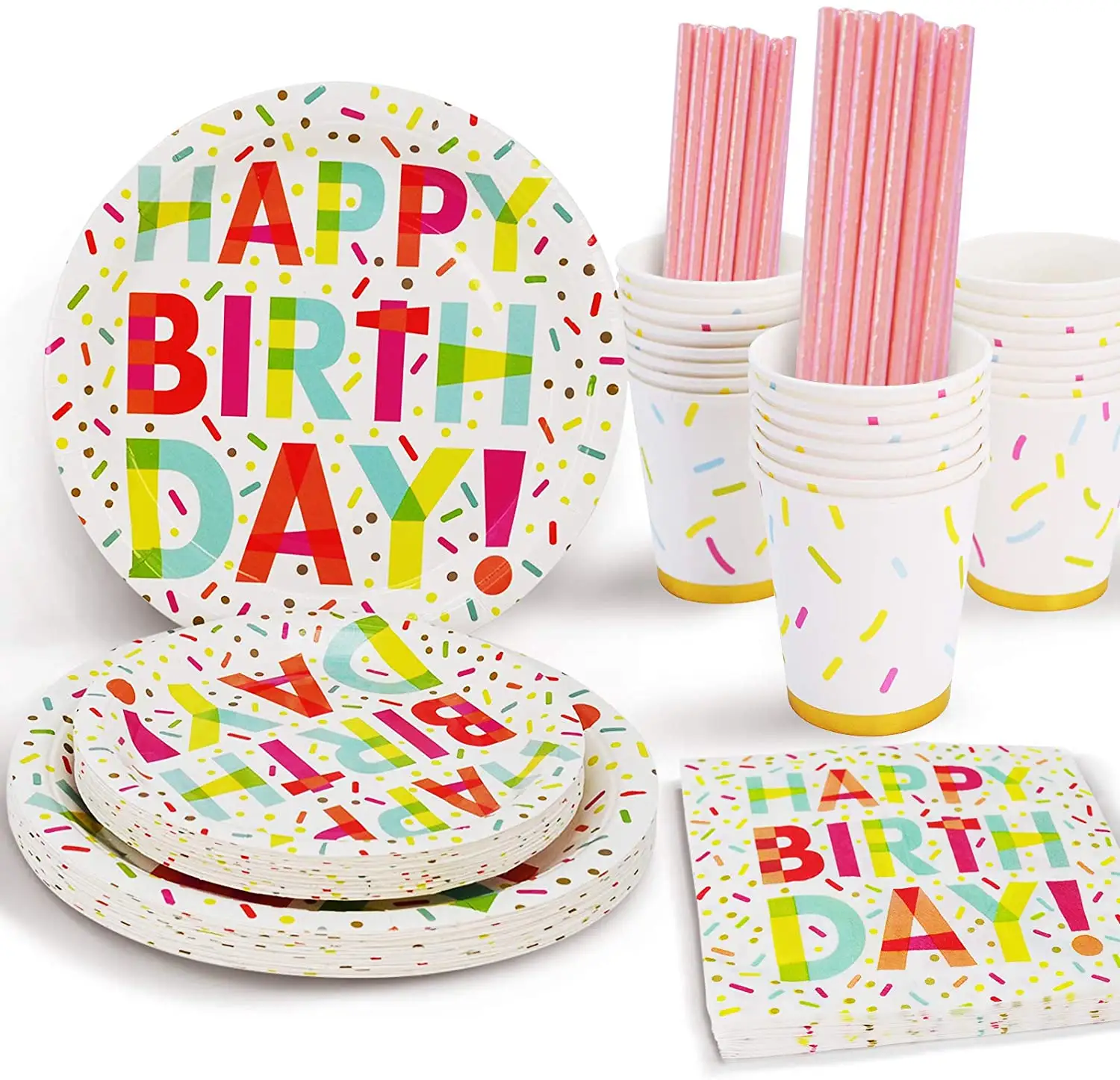 Atacado descartável utensílios de mesa de papel confetti feliz aniversário festa copos e placas