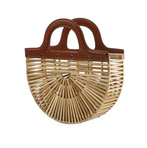 Bohemian Bamboo <b>Bucket</b> <b>Bag</b> <b>Women</b> Summer Handbag Natural Woven Tote with Leather Handles Portable Open Closure - Product Image 1