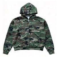 Sweat-shirt à capuche pour homme personnalisé avec des strass perlés sur toute la surface, imprimé camouflage, fermeture éclair intégrale, style streetwear hip-hop, veste oversize