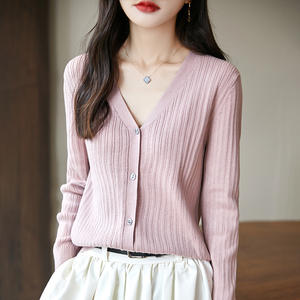 Cárdigan de punto con cuello en V para mujer, manga larga, color sólido, algodón, corte holgado, ropa de abrigo para otoño e invierno - Product Image 1