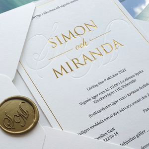 Carte d'invitation de mariage en papier coton avec impression typographique dorée en relief, enveloppe personnalisée avec sceau de cire pour cérémonie nuptiale - Product Image 4