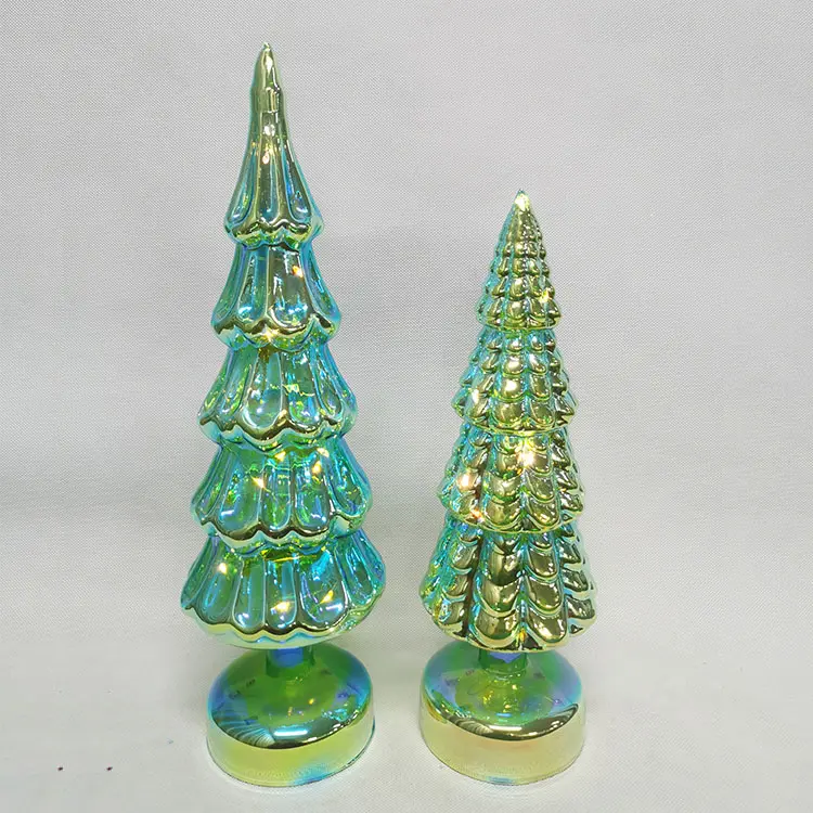 Vintage Miniature Green Led Lighted Iridescent Blown Glass Table Top Xmas Trees Christmas Cone Tree Set With Lights For Table