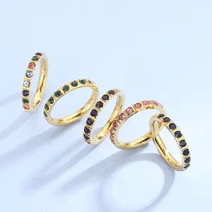 Cincin berlian PVD berlapis emas 18K baja tahan karat Micro Pave CZ cincin bulat keabadian pernikahan perhiasan tahan air