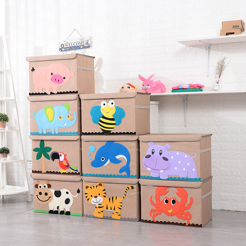 Wholesale Cheap Foldable Cartoon Cute Non Woven Printed Fabric Baby Toys Storage Organizer Box with Lid