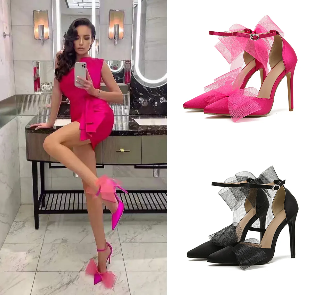 DEleventh 611-2 Elegant women heels point toe bow knot Party Dress stilettos stock low MOQ chaussure femme black ladies pumps