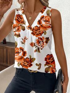 Chaleco con cuello en V para mujer de verano, camiseta sin mangas con estampado de plantas a la moda, Camiseta básica sencilla - Product Image 4