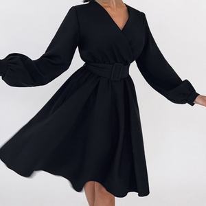 Vestido de Mujer al por Mayor, Personalizado, OEM, de Alta Calidad, Elegante, para Fiesta, Negro, Sexy, de Manga Larga, con Cuello en V y Cinturón - Product Image 5