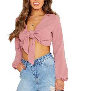 Chemisier décontracté à manches longues et couleur unie avec nœud frontal pour <span class=keywords><strong>femme</strong></span> – Crop top sexy à nouer - Product Image 3