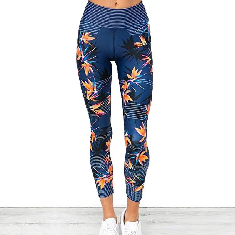 Nanchang Auyan Hot Selling Seamless High-waisted Blue Printed Leaf Quick Drying Breathable Fitness Slimming Buttock Leggings
