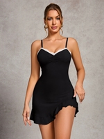 En gros Chemises de nuit à bretelles pour femmes, d'été, col en V, à volants, douces, unies, sexy, lingerie féminine
