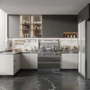 Juego Completo de Muebles de Cocina Modernos Modulares en Color Crema Brillante con Cesta de Cajones y Electrodomésticos Completos - Product Image 1