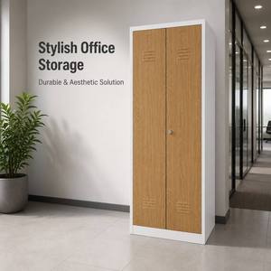 Wood Grain <b>Single</b> or Double <b>Swing</b> Doors Metal Locker Steel Storage Cabinet Wardrobe with Padlock for Office Home Staff Gym - Product Image 1