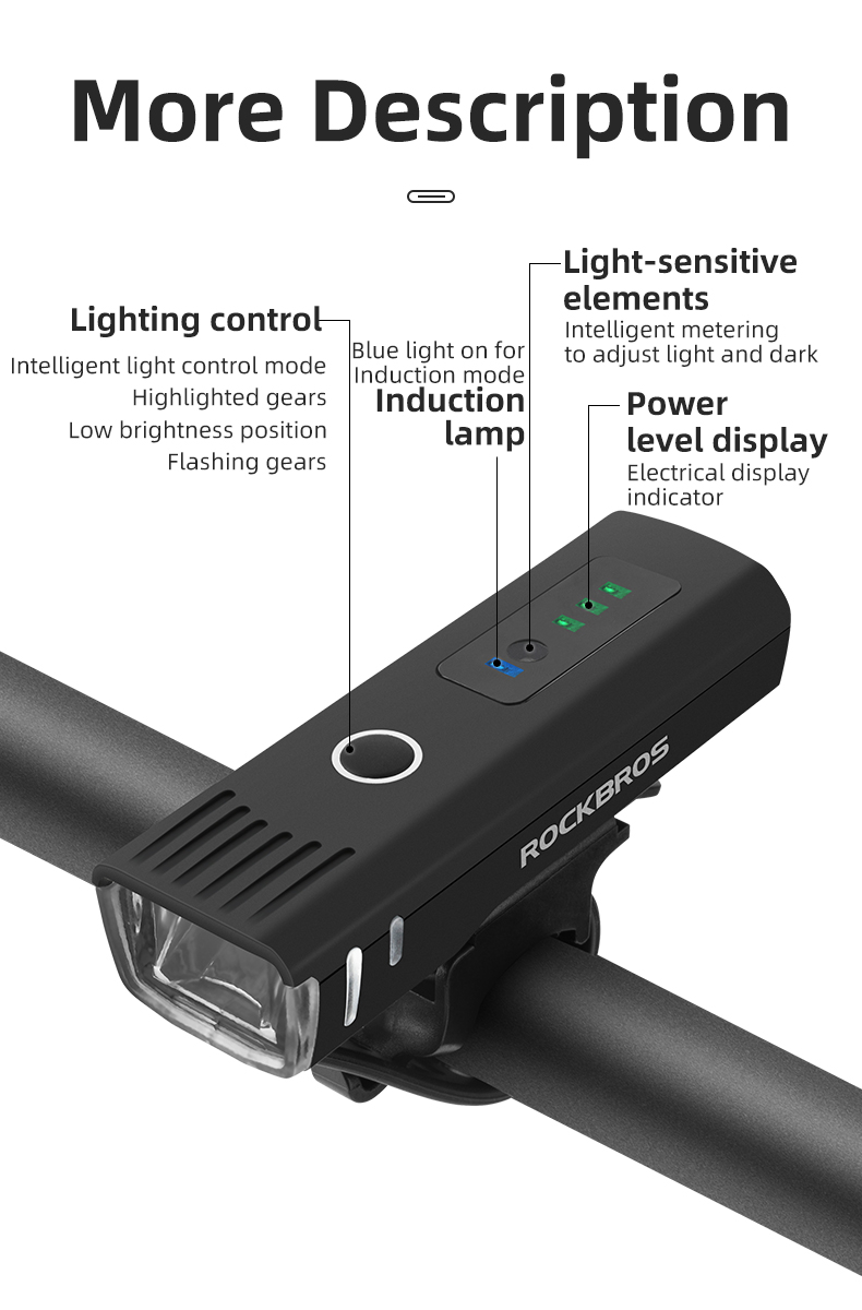 ROCKBROS Smart Bicycle Front Light 250 Lumens 1500mAh Sensor