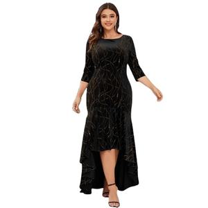 2025 Mulheres Plus tamanho Casual Midi vestido 3/4 mangas sereia Bodycon estilo com gola redonda alta-baixa plissado vestido de baile inspirado - Product Image 1