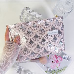 Bolsa de maquillaje hecha a mano con lentejuelas de 10 pulgadas y logotipo personalizado, bolsa con cremallera, etiqueta, costura, lentejuelas, cuentas - Product Image 3