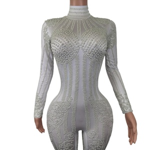 Élégant blanc perles barboteuses <span class=keywords><strong>femme</strong></span> Club fête bal moulante body scène Performance <span class=keywords><strong>combishort</strong></span> femmes une pièce combinaisons - Product Image 4