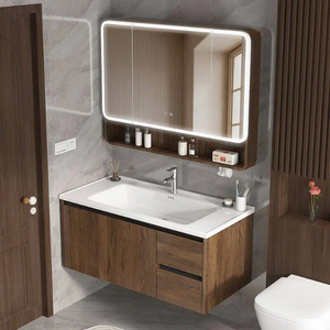 Mid Century Modern Walnut Bathroom Vanity Set Ceramic Integrated Sink Smart LED Mirror Cabinet For Hotel Home - Product Image 5