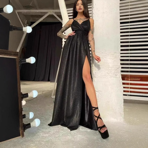 Vestido de noche para mujer, halter sin espalda, escote en V profundo, cintura imperio, largo, con abertura alta y capa transparente - Product Image 5