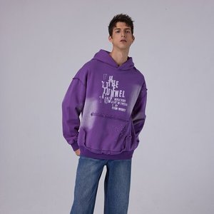 <span class=keywords><strong>Felpa</strong></span> con Cappuccio <span class=keywords><strong>Oversize</strong></span> <span class=keywords><strong>Viola</strong></span> da Uomo Vintage Lavata Effetto Consumato con Stampa di Lettere - Product Image 4
