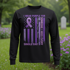 Indosso la maglietta viola per la consapevolezza sul cancro al pancreas, t-shirt a maniche lunghe con bandiera americana, stampa digitale girocollo unisex per adulti - Product Image 2