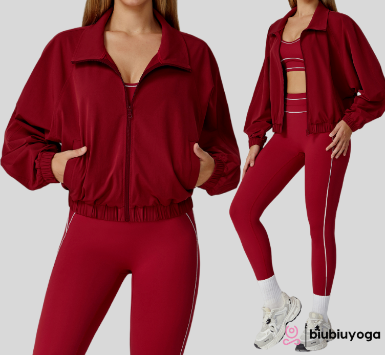 Women's Long-Sleeved Zipper Windproof Outdoor Running Workout Jacket Quick-Drying Stand Collar Sports Top Winter Yoga Pocket