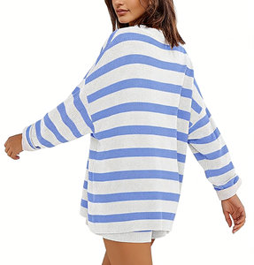 Conjuntos de Salón para Mujer al por Mayor Personalizados, Conjuntos de 2 Piezas, Top de Punto Rayado de Manga Larga Oversize y Shorts a Juego, Conjuntos de Suéter - Product Image 2