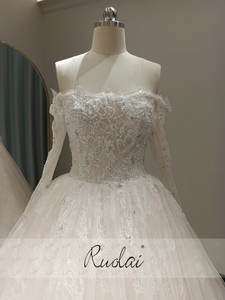 Robe de mariée Ruolai QW02278 en dentelle rose poudré douce, élégante, manches longues, robe de mariée de rêve, coupe A, dos lacé - Product Image 4