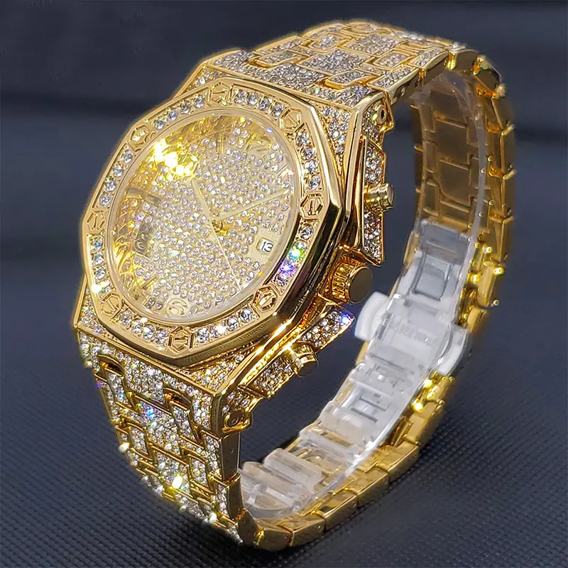 KVC New Fashion Bling Men Style Stainless Steel Hip Hop Cuban CZ Diamond Jewelry Link Watch