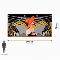 Tableau mural horizontal en porcelaine cristalline 100*50cm, motif dame en chapeau orange et cheval, avec ligne dorée de luxe, pour décoration de grand canapé