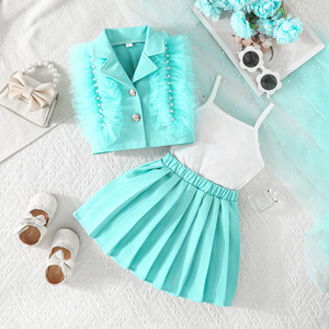 Conjunto de Verano 2026 para Niñas, Chaleco con Cuentas y Plumas de Color Sólido, Falda Plisada, Conjunto de Tres Piezas Dulce y Vibrante - Product Image 2