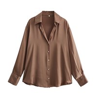 Atasan Wanita Chic 2197745 Musim Semi 2024 Mode Baru Kemeja Satin Berlipit 16 Warna Retro Lengan Panjang Kancing Blus Musim Gugur