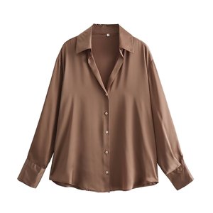 Top Chic da donna 2024 primavera nuova camicia drappeggiata in raso 16 colori retrò <span class=keywords><strong>camicetta</strong></span> con bottoni a maniche lunghe autunno - Product Image 2