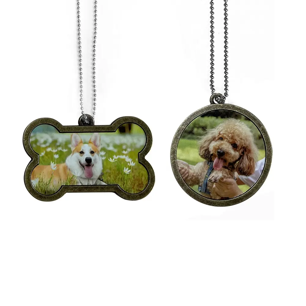 Etiqueta de sublimação para cães, etiqueta personalizada com bordas de bronze, etiqueta de osso para cães, etiqueta para animais de estimação com corrente, em branco, subbancada