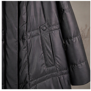 Neuer Winter-Daunenmantel aus Leder mit Natürlichem Fuchspelzkragen, Langer Damen-Steppmantel mit Geraffter Taille zur Figurformung für den Alltag - Product Image 5