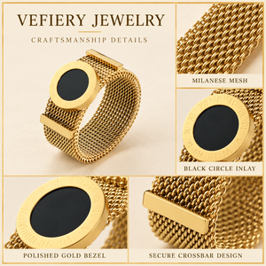 Bague Statement Ronde Noire Ajustable en Acier Inoxydable Doré, Vente en Gros - Product Image 4