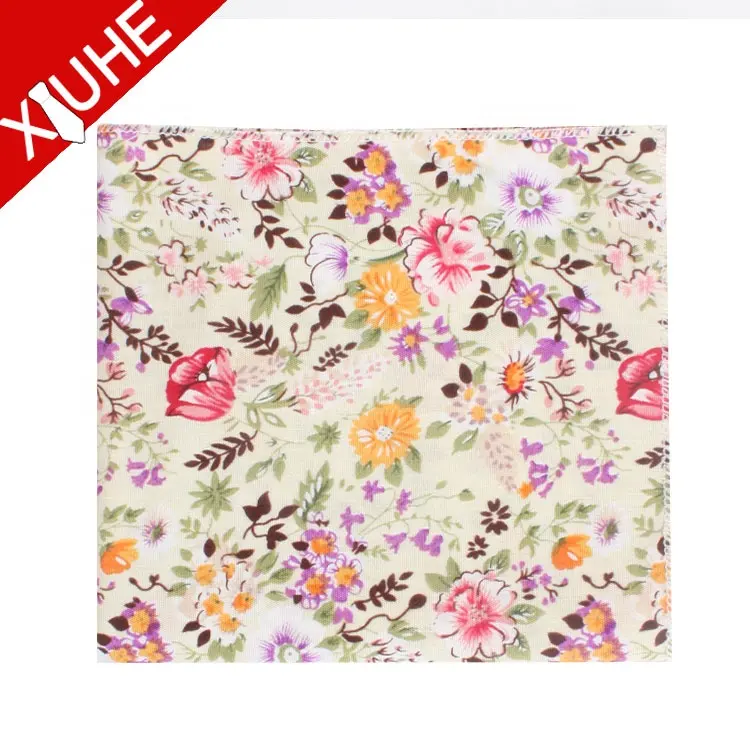Custom Print Flower Design Pocket Square Cotton Floral Yellow Handkerchiefs