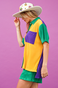 Wholesale Custom logo Shirt Short Sleeve <strong>Tops</strong> Shorts Color Block <strong>Plisse</strong> Women Two Piece Set Mardi Gras Sets - Product Image 5