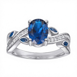 Anillo de Plata de Ley 925 con Baño de Rodio, Diseño Moderno de Luster Jewelry, con Circonita Cúbica Azul Ovalada de 6*8mm, Anillo de Boda - Product Image 2