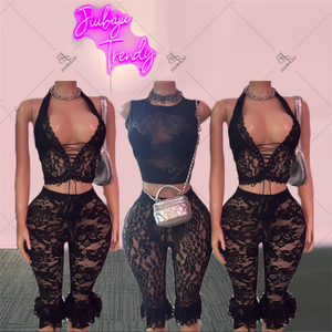 Women's Set Lace <strong>See</strong> <strong>Through</strong> Sleeveless Crop <strong>Top</strong> and Short Pants 2025 Summer Two 2 Piece Set - Product Image 1