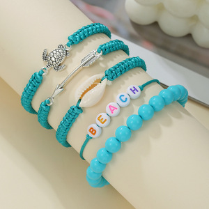 ชุดกำไลข้อมือแฟชั่นสไตล์ยุโรปอเมริกัน ประดับเปลือกหอยสีฟ้าคราม ลูกปัด ถักทอด้วยมือ โลหะผสมรูปเต่า สไตล์ชายหาด เครื่องประดับสำหรับทุกเพศ - Product Image 1