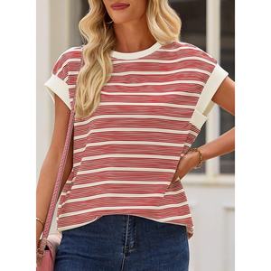 Camiseta de punto a rayas de manga corta para mujer, personalizada, informal, con cuello redondo, holgada, a la moda, para primavera - Product Image 5