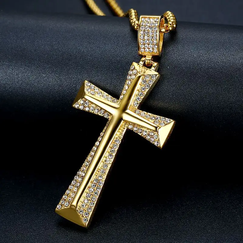 European American Hip Hop Titanium Steel 18k Gold Plated Diamond Tarnish Free Cross Pendant Necklace