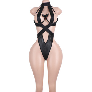 Combinaison en cuir verni brillant pour danse <span class=keywords><strong>exotique</strong></span>, avec lingerie string à bretelles et nœud papillon, pour spectacle de danse <span class=keywords><strong>exotique</strong></span> - Product Image 1